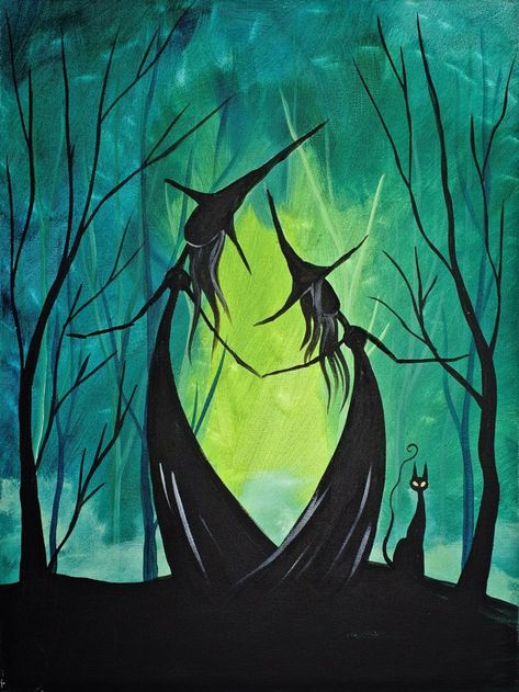 Adorable Witch Sisters In The Woods - Easy Halloween Painting - Gallery - The Art Sherpa Community | The Art Sherpa Halloween Canvas Paintings, Witch Sisters, Witch Painting, Painting Halloween, Halloween Rocks, Halloween Painting, Halloween Drawings, Forest Painting, Acrylic Paint Set