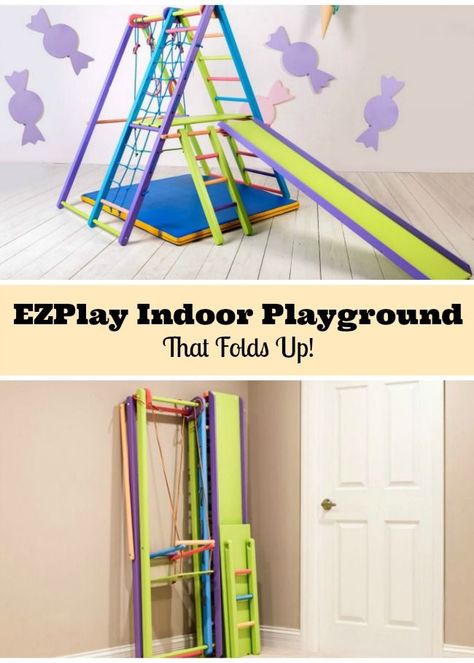 Indoor jungle gym swing set by EZPlay that folds flat.  Great playground active play equipment. #ad #ezplay #kidsactivities Jungle Gym Playroom Ideas, Indoor Play Area For Kids Playroom Ideas, Indoor Playroom Playground, Jungle Gym Playroom, Educational Playroom Ideas, Playroom Design Indoor Playground, Active Playroom Ideas, Active Kids Room, Cool Playroom Ideas