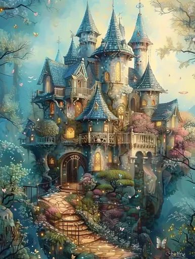 ↑↑↑ Larger size on website 🔸 A fairytale castle sits atop a cliff, nestled amongst lush greenery and vibrant blossoms. The stone  🔸 From Midjourney AI Image Castle On A Cliff, Fairy Palace, Small Castle, Vintage Shoot, Fantasy Dream, Real Fairies, Fairy Folk, Fairy Castle, Book Theme