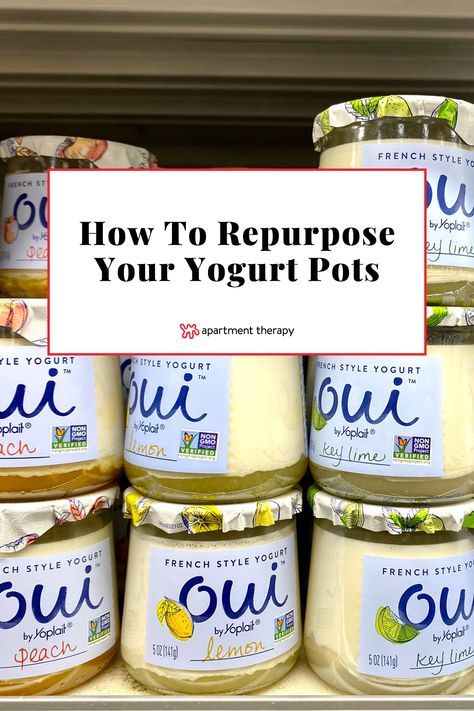 Oui Yogurt Jars Ideas Christmas Gifts, Crafts With Yogurt Jars, Yoplait Glass Jar Crafts, Craft Ideas For Oui Yogurt Jars, Reuse Oui Yogurt Jars, Yogurt Bottle Crafts, Repurposed Oui Yogurt Jars, Reuse Yogurt Containers, Uses For Baby Food Jars