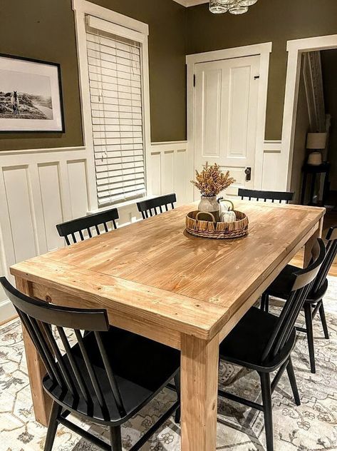 **Offering Free delivery to these states: ME, VT, NH, MA, RI, CT, NY, NJ, PA, DE, MD, WV, VA, NC, SC, OH, MI, IN, IL & WI.** **Can still deliver outside this area, contact me for a quote.** **This listing is for a rustic farmhouse table made of solid pine.  All tables are handmade in my shop and can be customized. I use All American made materials. Each piece of the table is  sanded, stained, and tops are treated for protection against spills, stains etc.  Can use other wood types like Maple, Walnut, Cherry, oak and other woods are available...message me for pricing. - Breadboard ends additional $150 - Jointing the table additional $150 (Jointing eliminates the groove between the table top planks) - For matching chairs visit:https://www.etsy.com/listing/1504171471/dining-chairs-farmhouse-c Kitchen Table Rustic, Large Farmhouse Table, Dine Table, Rustic Farmhouse Dining Table, Makeover Kitchen, Modern Farmhouse Dining Room, Large Farmhouse, Lights Kitchen, Rustic Farmhouse Table