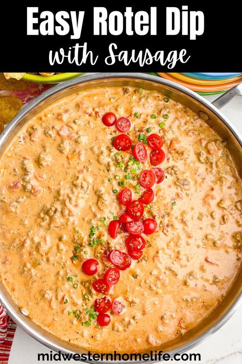 Hearty Sausage Rotel Dip is the ultimate party dip loaded with gooey Velveeta, cream cheese, sausage, ground beef, spices, and tomatoes. Easy appetizer for the holidays and game day you can make on the stove top or in the slow cooker. Velveeta Sausage Dip, Sausage Rotel Dip, Dip With Sausage, Rotel Dip With Sausage, Ground Beef Cream Cheese, Sausage Cream Cheese Dip, Velveeta Cheese Dip, Sausage Queso, Rotel Cheese Dip