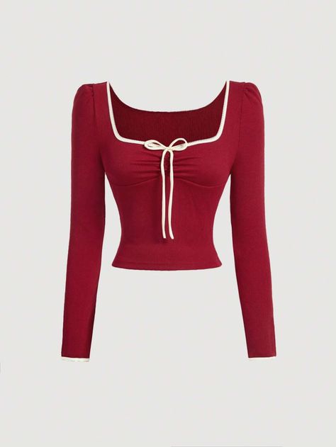 SHEIN MOD Tomato Girl Fall Coquette Long Sleeve Women Tops With Contrasting Edge,Red Top,Winter Tops,Fall TopsI discovered amazing products on SHEIN.com, come check them out! Blusas Coquette, Top Rojo, Tomato Girl, Fall Coquette, Winter Blouses, Romantic Outfit, Coquette Bow, Summer Crop Tops, Winter Tops