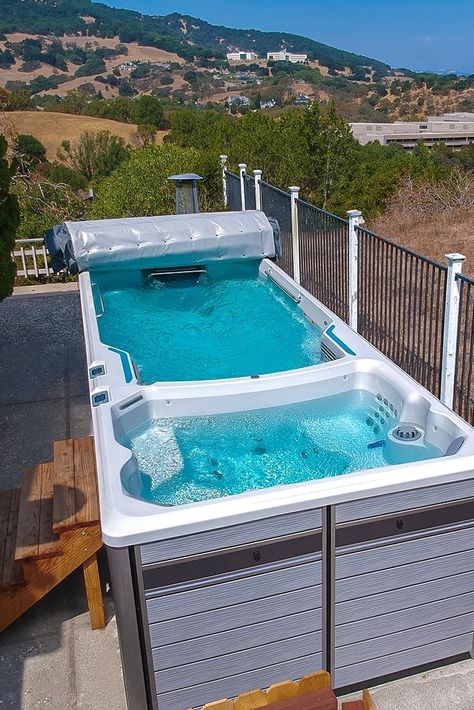 Swim Spas Above Ground Backyard, Outdoor Swim Spa Area Ideas, Small Pool With Spa, Swim Spas Above Ground, Swim Spa Deck Ideas, Swim Spa Backyard Ideas, Large Swim Spa, Pool Ideas Inground, Swim Spa Deck