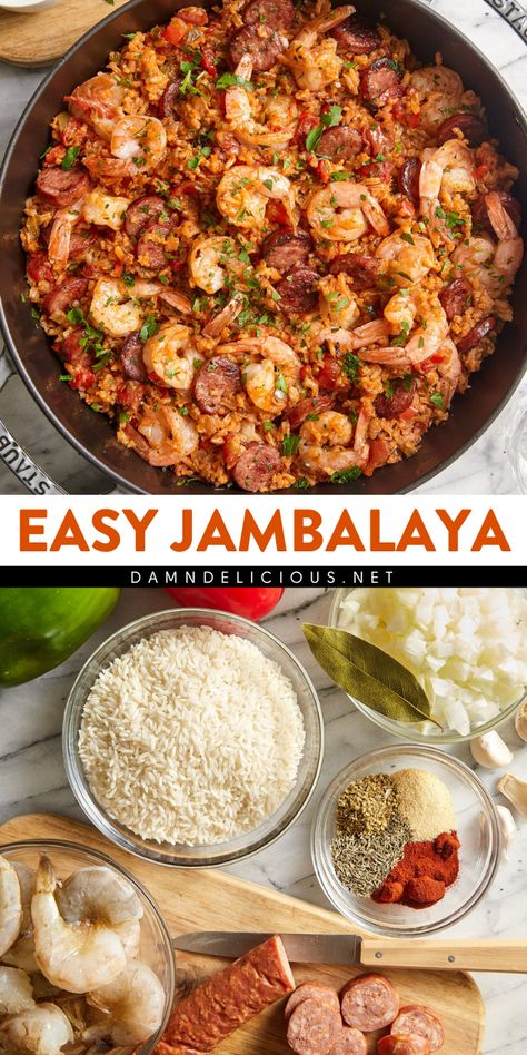 Whip up this one pot jambalaya recipe! It's a simple dinner idea with the easiest cleanup. Along with sausage, shrimp, and veggies, this jambalaya rice is an amazing main dish for dinner! Pin this for later! Not Spicy Jambalaya Recipe, Easy Well Balanced Meals, Turkey Jambalaya Recipe, Shrimp And Sausage Recipes Rice, Shrimp Sausage And Rice, Shrimp And Sausage Jambalaya Recipe, Shrimp Sausage Recipes, Turkey Sausage Dinner, Authentic Jambalaya Recipe