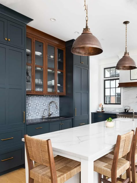 The Best Blue and Navy Kitchen Cabinet Paint Colors • Craving Some Creativity Navy Island Wood Cabinets, Benjamin Moore Newburyport Blue Cabinets, Sherwin Williams Needlepoint Navy Cabinets, Hale Navy Benjamin Moore Kitchen Cabinets, Needlepoint Navy Kitchen Cabinets, Dark Blue And Gold Kitchen, Navy Kitchen Cupboards, Bm Hale Navy Cabinets, Needlepoint Navy Cabinets