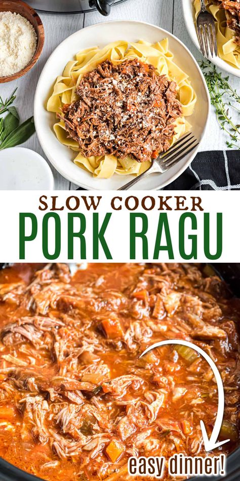 Italian flavors shine in this slow cooker Pork Ragu recipe. Cooked for hours in the crockpot in an herb infused wine sauce, the juicy, shredded pork is served over pappardelle pasta for an irresistible Italian dinner. Pork Ragu Crockpot, Pork Tenderloin And Pasta, Italian Pork Recipes For Dinner, Can Pork Recipes, Fall Crockpot Recipes Pork, Pork Pasta Recipes, Pork And Pasta, Pulled Pork Pasta, Slow Cooker Pork Recipes