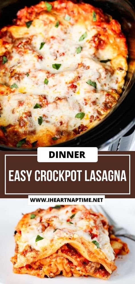 This crockpot lasagna recipe is the easiest way to make lasagna! Simple to assemble with tender pasta noodles, meat sauce and cheese then it cooks hands off making it perfect for busy days! Crockpot Lasagne Recipes, Lasagna Crockpot Recipes Easy, Crockpot Lasagna With No Boil Noodles, Crockpot Lasagna No Ricotta, Crockpot Lasagna With Alfredo Sauce, Crockpot Lasagna With Cream Cheese, Crockpot Recipes Lasagna Easy, Crockpot Bowtie Lasagna, Deconstructed Lasagna Crockpot