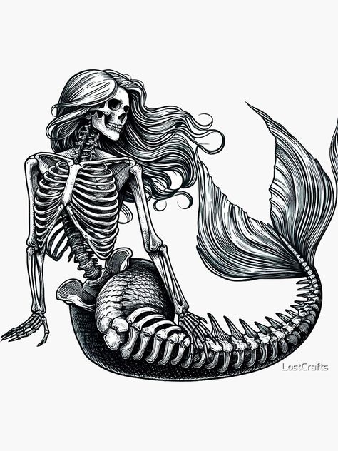 Goth Mermaid Drawing, Skeleton Fish Tattoo, Mermaid Skeleton Tattoo, Skeleton Mermaid Tattoo, Vintage Mermaid Art, Vintage Mermaid Tattoo, Pirates And Mermaids, Pirate Tattoos, Gothic Mermaid