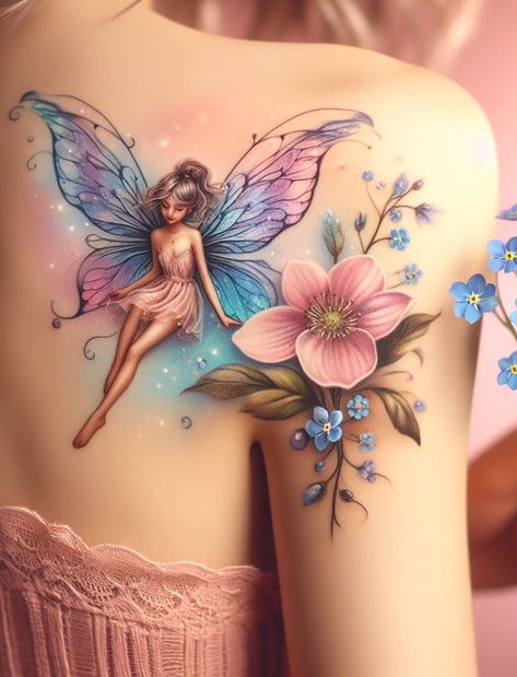 Add a touch of enchantment to your look with fairy inspired shoulder and back tattoos. These whimsical designs bring a sprinkle of magic and a hint of wonder to your skin. Pixie Tattoo Fairy, Fairy Flower Tattoo, Flower Fairy Tattoo, Tinkerbell Tattoo, Hydrangea Tattoo, Tattoo Fairy, Catrina Tattoo, Beautiful Tattoos For Women, Fairy Tattoo Designs