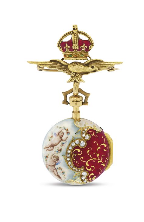 TIFFANY & CO. | A FINE GOLD, DIAMOND-SET AND PAINTED ENAMEL KEYLESS LEVER PENDANT WATCH WITH MATCHING BROOCH, CIRCA 1900 | Watches, pendant watch | Christie's Faberge Jewelry, Pendant Watch, Pocket Watch Antique, Fob Watch, Tiffany Jewelry, Pendant Watches, Antique Watches, Antique Clocks, Diamond Set