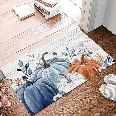 Fall decorations Blue White and Orange Pumpkin Fall Welcome Mat #ad Fall Welcome Mat, Fall Doormat, Entrance Door Mat, Outdoor Entryway, Laundry Room Rugs, Front Door Mats, Orange Pumpkin, White And Orange, Non Slip Flooring