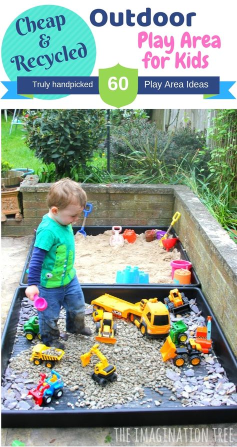 DIY Outdoor Play Area with Cheap and Recycled Things. Summer Outdoor Activities for Kids #outdoor #activities #kidsactivities #summer #playarea Toddler Outdoor Play Area, Toddler Outdoor Play, Diy Outdoor Toys, Kid Friendly Backyard, Outdoor Kids Play Area, Play Area Backyard, Toddler Outdoor, Natural Play, Outdoor Play Areas