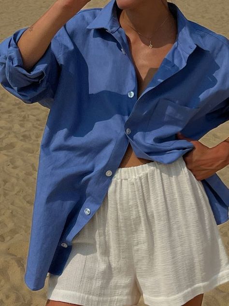 wild nights! Linen Shorts Outfit, Button Down Outfit, Summer Lookbook, Oui Oui, Spring Summer Outfits, Blue Shirt, Summer Wardrobe, Beach Outfit, Spring Summer Fashion