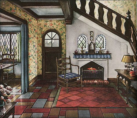 English Revival style homes were extremely popular during the late 1920s and 1930s. This entry way is a stylized image, but would have been pretty in one of the small cottages like the 1930 Montgomery Ward Newport. Source: Delineator Cottage Tudor, 1930s Home Decor, 1930s Decor, 1930s House Interior, Old House Interior, 1920s House, 1930s House, Small Cottages, Living Vintage