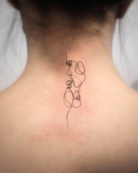 Fine line love tattoo by @n.8tattoobarcelona Zwilling Tattoo, Tato Paha, Nape Tattoo, Small Neck Tattoos, Side Neck Tattoo, Pola Tato, Bauch Tattoos, Neck Tattoos Women, Back Of Neck Tattoo