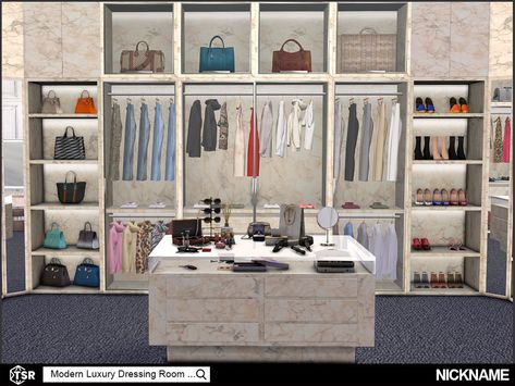 Sims 4 Dressing Room, Modern Luxury Dressing Room, Glass Dining Room Sets, Luxury Dressing Room, Dressing Table Modern, Closet Clutter, Resource Furniture, Sims 4 Bedroom, Sims 4 Clutter