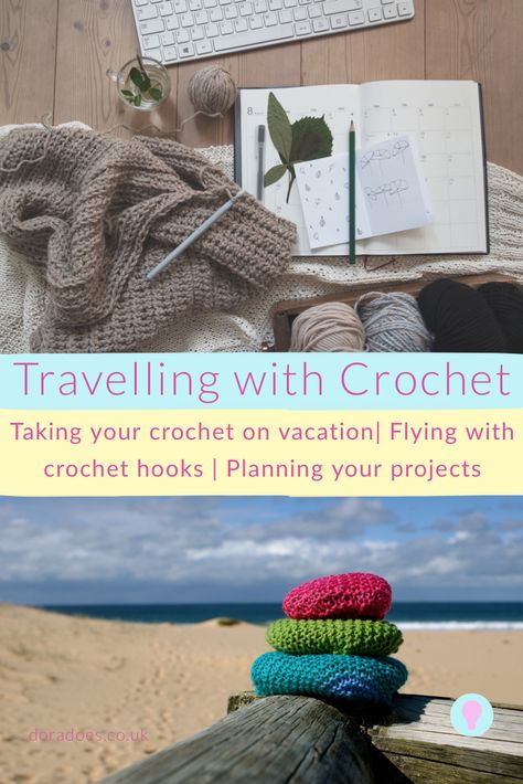 Get all the latest tips for travelling with crochet.  Read on for tips on how to plan your holiday crochet or knit projects. Can you take your crochet hook and scissors on the plane? How do you choose your holiday projects? What yarn is best? How do you pack your crochet projects? What if you have no room in your case? #crochet #travel #holidays #summercrochet #summerholiday #vacation What To Crochet On A Plane, Vacation Crochet Projects, Crochet Travel Projects, Travel Crochet Projects, Travel Knitting Projects, Yarn Hacks, Crochet Tutorials Step By Step, Clothes Patterns For Women, Grace And Yarn