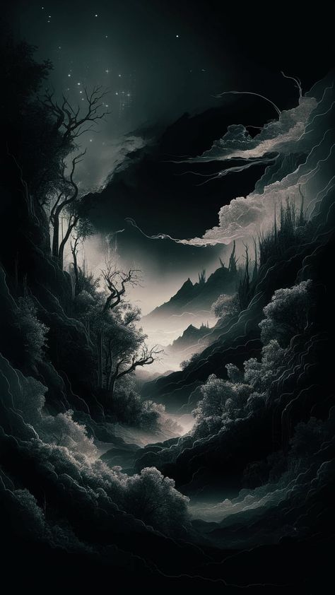 Discover an enchanting dark wallpaper design for your phone, featuring an abstract landscape with deep blacks and shadowy hues. Illuminated by glimmers of starlight, this serene scene showcases twisted tree silhouettes and distant mountains, evoking mystery and elegance. Perfect for those seeking a striking and imaginative backdrop. Ideal for dark aesthetic lovers. #DarkWallpaper #PhoneBackground #AestheticDesign Aesthetic Lovers, Moody Painting, Dark Mountains, Dark Forest Aesthetic, Distant Mountains, Forest Drawing, Twisted Tree, Dark Arts, Fantasy Forest