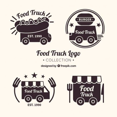 Fun pack of food truck logos with elegant style Free Vector Ideas For Food Truck, Logo Design Inspiration Restaurant, Food Truck Design Logo, Trailer Logo, Fresh Logo Design, Cart Logo, Fast Food Logos, Food Logo Design Inspiration, Truck Logo