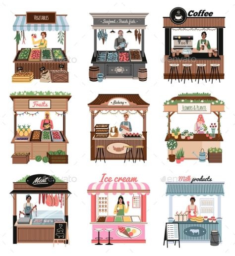 Shop Booth Fruit Stall Drawing, Bloxburg Market Stall, Market Stall Drawing, Milk Shop Design Ideas, Bazaar Booth Ideas, Stall Illustration, Creative Booth Design, Market Stall Ideas, Booth Drawing