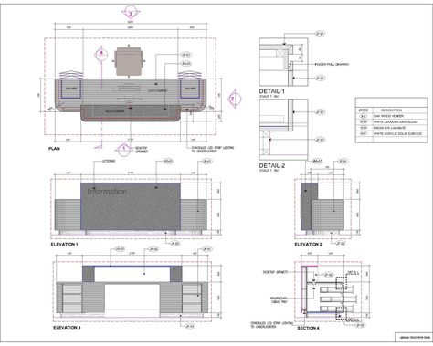 Library reception desk plan- sections- elevation and typical details for clear understanding and finishes details. Library Reception Desk, Reception Desk Layout, Reception Desk Drawing, Desks Organization, Reception Desk Plans, Library Reception, Diy Desks, Reception Counter Design, Furniture Details Drawing