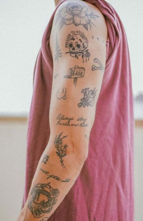 50 Patchwork Tattoos to Make You Start a Sleeve - Body Artifact Mens Tattoos Small Arm, Constant Improvement Tattoo, Patchwork Tattoo Ideas Man, Outcast Tattoo Ideas, Mens Patch Work Tattoos, Old Person With Tattoos, Patch Sleeve Tattoos For Guys, Sporadic Tattoos, Edgy Tattoos For Men