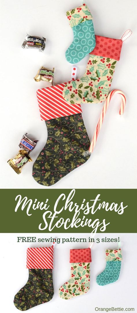 Mini Christmas stocking in 3 sizes - Free sewing pattern - Orange Bettie Natal, Patchwork, Mini Christmas Stockings Pattern, Mini Christmas Stockings Diy, Small Christmas Stocking Pattern Free, Christmas Fat Quarter Projects, Small Stocking Pattern, Christmas Stocking Pattern Free, Stocking Pattern Free