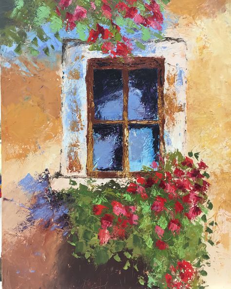 Simply a window...oil on canvas Italian Window Painting, Painting A Window On Canvas, Oil Pastel Window, Oil Painting Easy Simple, Painting Of A Window, Window View Painting, Window Paintings, Simple Flower Drawing, Bird Painting Acrylic