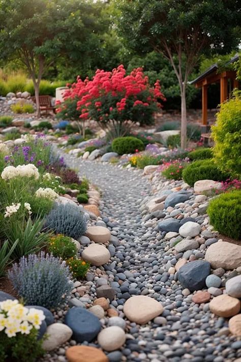 1.1.1-dry-river-bed-Gray-Pebble-Walk River Bed Landscaping Ideas, Dry River Bed Landscaping, River Bed Landscaping, Bed Landscaping Ideas, Dry Riverbed Landscaping, Dry River Bed, Pebble Landscaping, River Rock Garden, Pebble Garden