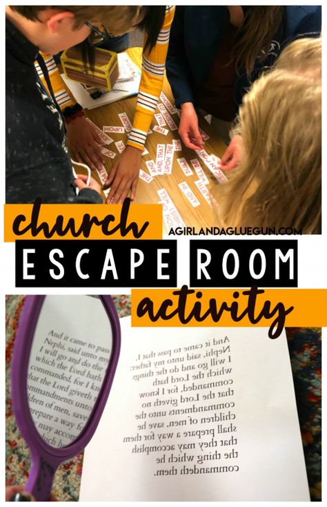 Church Activity-Escape Room! - A girl and a glue gun Lds Scripture Escape Room, Halloween Primary Activities, Group Night Ideas, Back To School Yw Activities, Lds Escape Room Activity Free, Book Of Mormon Escape Room, Escape Room Bible Theme, Church Escape Room Ideas, Activities For Youth Groups Church