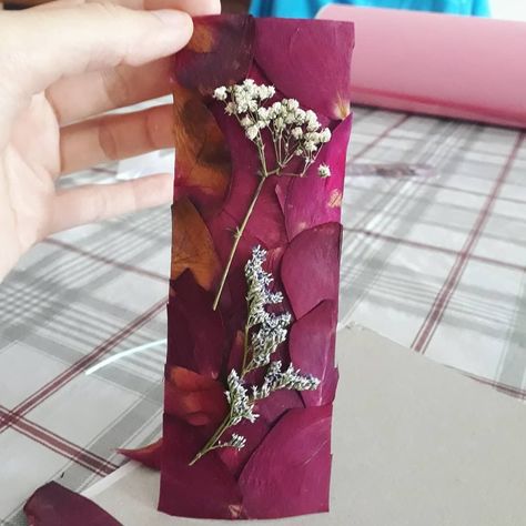 Pressed rose petals bookmark. Used tacky glue then laminated the bookmark Rose Petal Bookmark, Pressed Rose Petals Art, Dry Petals Ideas, Dry Rose Petals Crafts, Rose Petal Art, Rose Petals Craft, Pressed Rose Petals, Tank Terrarium, Pressed Flowers Diy