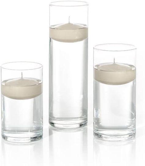 Glass Cylinder Centerpieces, Cylinder Vase Centerpiece, Floating Candle Decorations, Votive Candles Wedding, Floating Candle Vase, Yummi Candles, Floating Candles Wedding, Cylinder Candles, Glass Cylinder Vases