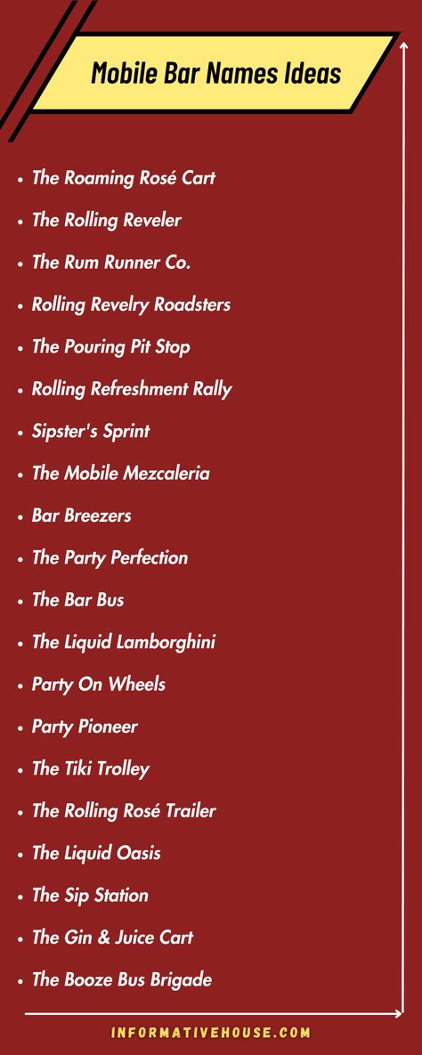 "Raise the Bar with these Creative Mobile Bar Names - Mobile Bar Names Ideas" Names For A Mobile Bar, Mobile Bar Trailer Names, Bar Names Catchy, Mobile Bar Ideas Business, Mobile Bartending Business Names, Mobile Bar Names, Mobile Bar Name Ideas, Mobile Bar Business Plan, Bar Names Ideas