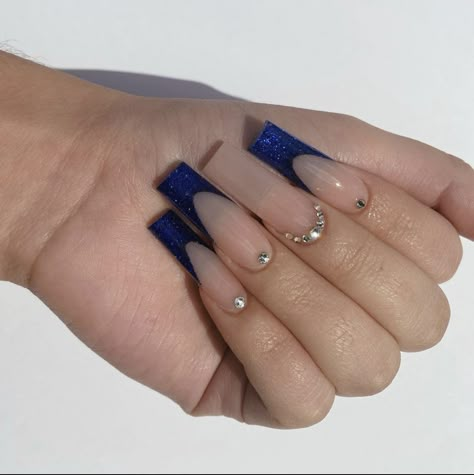 #nails #nailsofinstagram #nailart #acrylic #acrylicnaildesigns #aesthetic Glam Nails Blue, Dark Blue Nails With Design Acrylic, Dark Blue French Tip Nails With Design, Dark Navy Blue Nails Acrylic, Dark Blue Purple Nails, Dark Blue Nails Coffin, Dark Blue Aesthetic Nails, Dark Blue Hoco Nails, Dark Royal Blue Nails