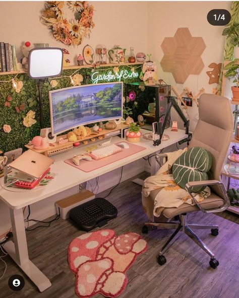 Marble Desk Aesthetic, Fairy Core Gaming Setup, Mushroom Desk Decor, Cozy Pc Setup Pink, Aesthetic Game Room Ideas, Cozy Video Game Room, Cozy Gaming Room Setup, Cozy Gamer Girl Aesthetic, Gamer Girl Bedroom Ideas