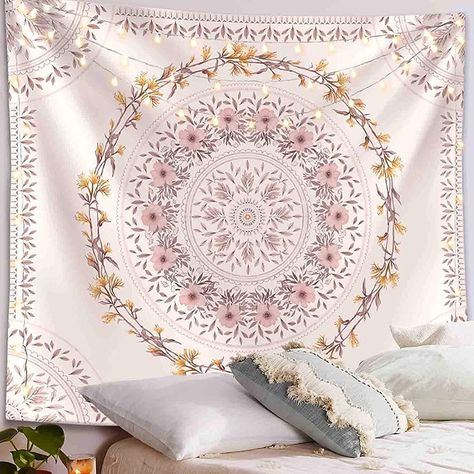 PRICES MAY VARY. BEAUTIFUL BEDROOM DECOR - An artistic bohemian tapestry with dotted daisy medallion print. beautiful, individual, convenient, easy to replace and clean, and does not damage the wall. HIGH QUALITY TAPESTRY - This sketched flower plant tapestry is made from environmental-friendly polyester fabric, which is soft, skin-friendly and lightweight. Super durable and no fading. MULTIPURPOSE IN USAGE-It is not just a wall hanging tapestry , it can also be used as a picnic blanket, bed cov Aesthetic Wreath, Cream Wall Decor, Light Brown Aesthetic, Blanket For Bedroom, Boho Dorm Room, Boho Dorm, Beautiful Bedroom Decor, Mandala Floral, Hippie Tapestry