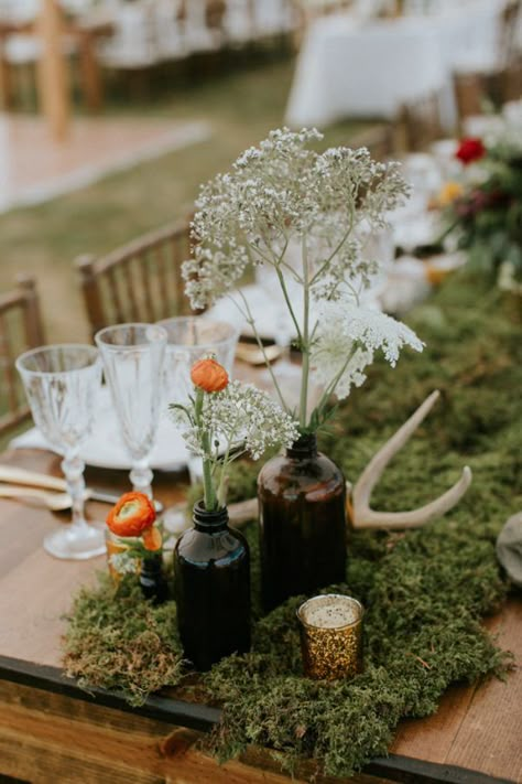 Naturally Boho Maine Wedding at The Lookout | Junebug Weddings Boho Wedding Centerpieces, Moss Wedding, Theme Nature, Sustainable Wedding, Eco Friendly Wedding, Maine Wedding, Woodland Wedding, Wedding Table Centerpieces, Forest Wedding