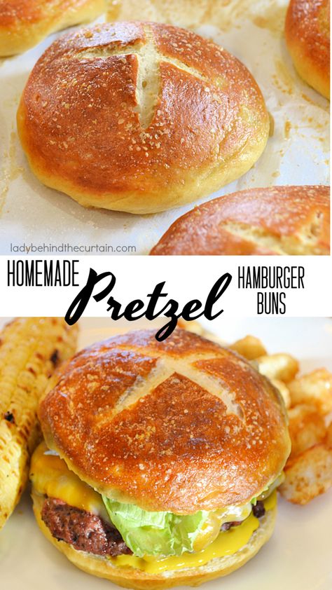 Homemade Pretzel Hamburger Buns Pretzel Burger Buns, Easy Pretzel Buns Recipe, Hamburg Buns Recipe, Delicious Homemade Bread, Bun Recipes Homemade, Homemade Gourmet Burgers, Home Made Hamburger Buns Recipe, Sweet Hamburger Buns, Best Hamburger Buns