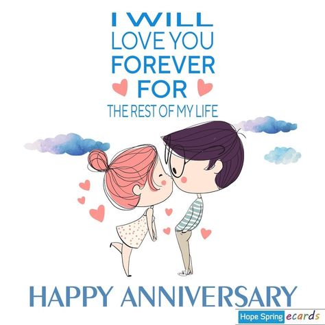 Happy anniversary ecard; two lovers cartoons kissing and the words "I will love you the rest forever for the rest of my life". Send and donate. Happy Anniversary To My Husband Funny, Happy Anniversary Meme, Happy Anniversary To My Husband, Victorian Journal, Cartoon Kiss, Happy Anniversary My Love, Couple Memes, Happy Anniversary Wishes, I Will Love You