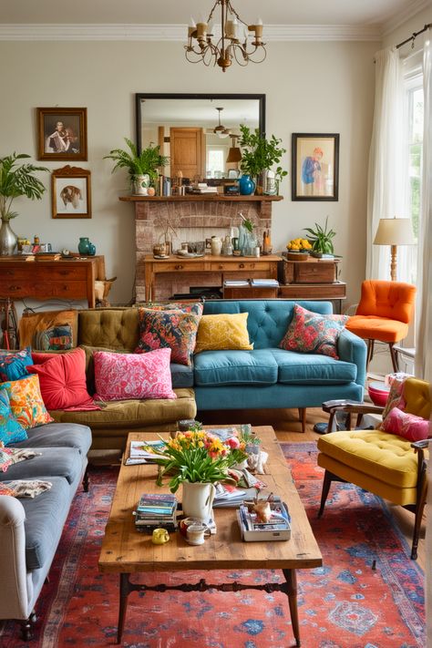 Modern Colorful Cottage Interior, Colorful Home White Walls, Colorful Eclectic Living Room Vintage, Simple Eclectic Living Room, Colorful Vintage Living Room, Boho Eclectic Living Room Ideas, Colorful Cozy Living Room, Colorful Farmhouse Living Room, Funky Living Room Decor