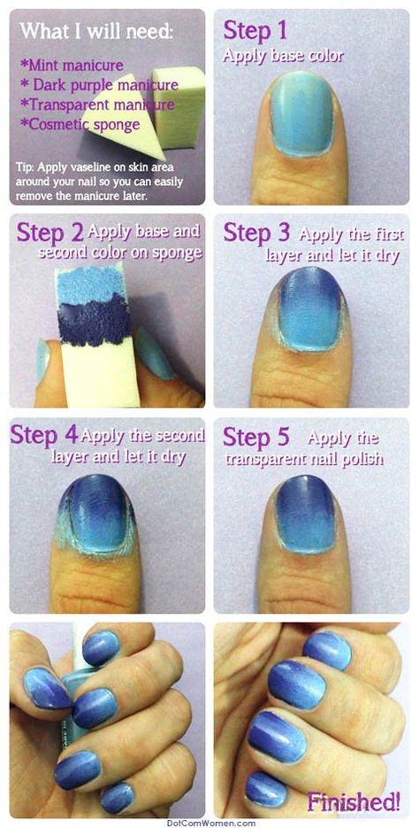 Shades of Blue Diy Ombre Nails Tutorial, Ombre Nail Diy, Sponge Nail Art, Diy Balayage, Ombre Nails Tutorial, Purple Manicure, Sponge Nails, Diy Ombre, Nail Art Ombre