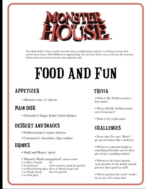 Monster House Movie Night Food, Monster House Dinner And Movie, Elemental Movie Theme Dinner, Halloween Themed Movie Night Ideas, Monster House Themed Dinner, Elemental Movie Night Ideas, Fall Movie Night Dinner, Monster House Movie Night, Halloween Movie Recipes