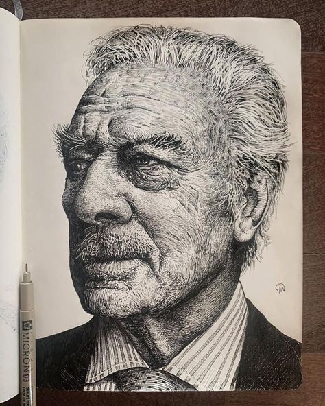 fineliner celebrity portrait drawing Self Portrait Drawing, Christopher Plummer, Portrait Drawings, Pen Sketch, Celebrity Portraits, Sketchbook Journaling, Black And White Drawing, Line Art Drawings, Portrait Drawing