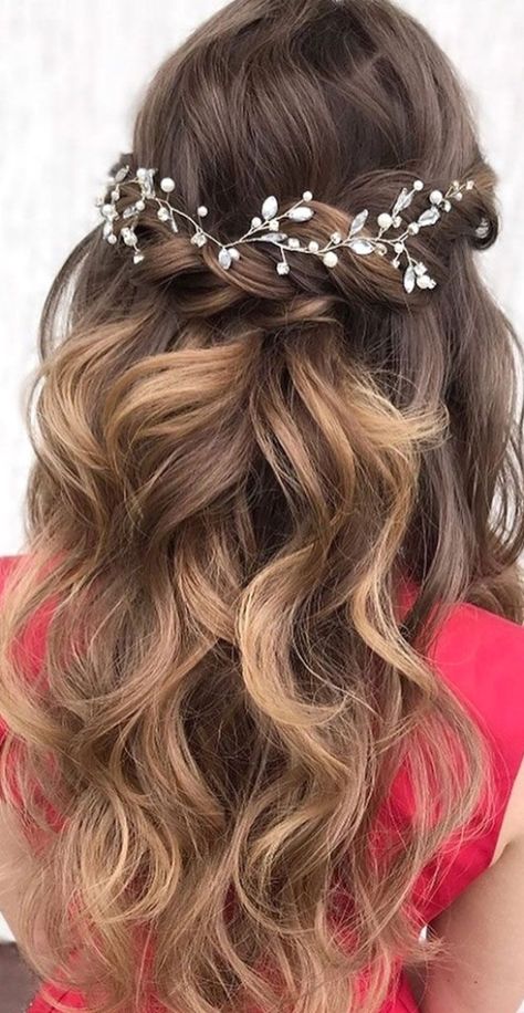 Wedding Hair Half, Engagement Hairstyles, Quince Hairstyles, Long Hair Wedding Styles, Prom Hairstyles For Long Hair, Ribbon Hairstyle, Wedding Hair Inspiration, Wedding Hairstyles For Long Hair, Bridal Hair And Makeup