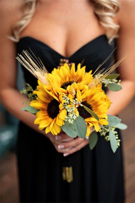 Don’t Miss These 22 Black Bridesmaid Dresses for Your Fall and Winter Wedding! Sunflower Wedding Bouquet, Summer Wedding Bouquets, Sunflower Bouquets, Sunflower Wedding, Wedding Destination, Here Comes The Bride, Trendy Wedding, Wedding Bells, Country Wedding