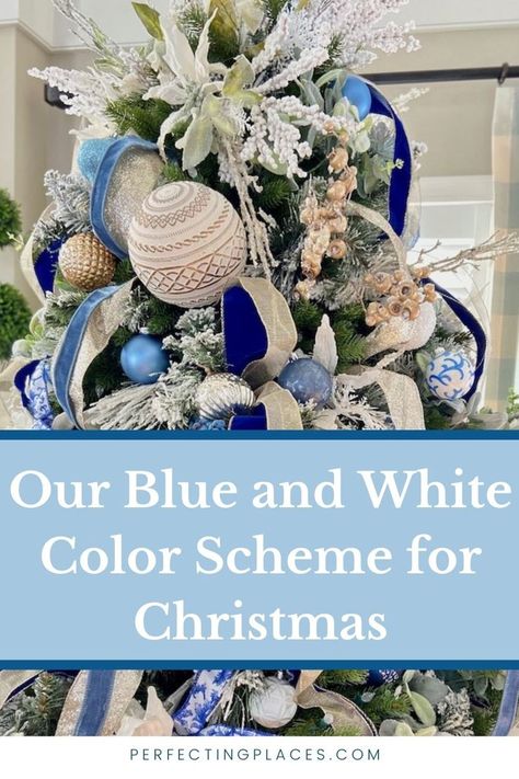 A Blue and White Color Scheme for Christmas Hampton Christmas Decor, Christmas Decor Blue And White, Hamptons Christmas Tree, Hampton Christmas Tree, Blue White Christmas Decor, Blue And White Farmhouse Christmas Tree, Christmas Trees Decorated In Blue, Themed Christmas Decor, Blue And Cream Christmas Decor