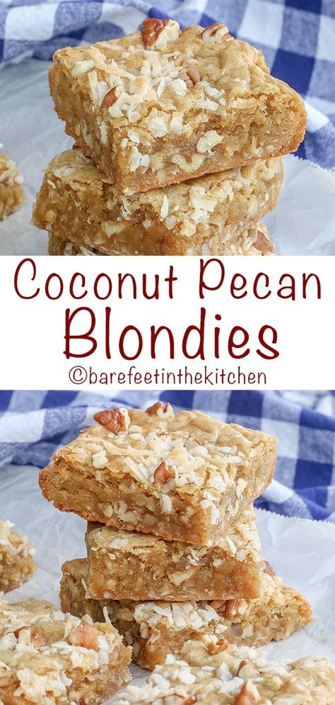 Coconut Pecan Blondies Coconut Blondies, Pecan Blondies, Desert Bars, Coconut Brownies, Cake Flavours, Blonde Brownies, Ultimate Chocolate Chip Cookie, Cookies Homemade, Deserts Easy