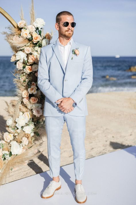 Wedding Linen Suits Men, Men Tux Beach Wedding, Groom Suits For Beach Wedding, Men Suit Beach Wedding, Light Blue Suit Beach Wedding, Tropical Beach Wedding Groom Attire, Tux For Beach Wedding, Men’s Linen Wedding Suit, Beach Mens Wedding Attire