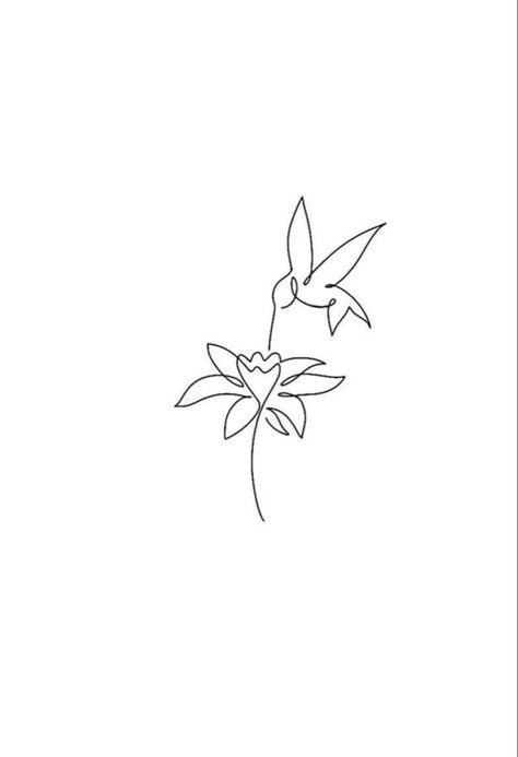 Simple Hummingbird And Flower Tattoo, Simple Hummingbird Outline, Humming Bird Minimalist Tattoo, Hummingbird Daffodil Tattoo, Humming Bird Tattoo Small Outline, Minimalist Tattoo Hummingbird, Hummingbird Tattoo Dainty, Humming Bird Line Drawing, Minimalistic Fairy Tattoo